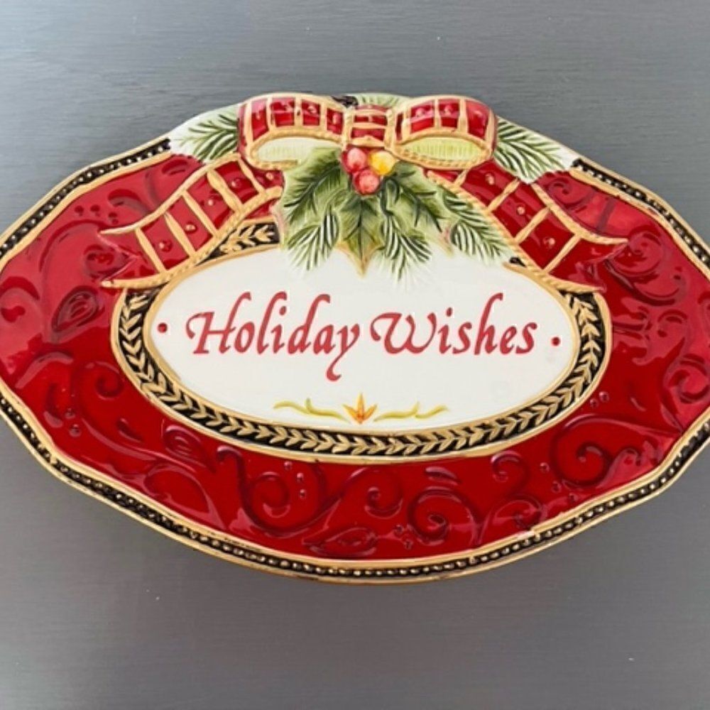 Fitz & Floyd Vintage Damask Sentiment Tray "Holiday Wishes"  9-5/8" Oval Plate